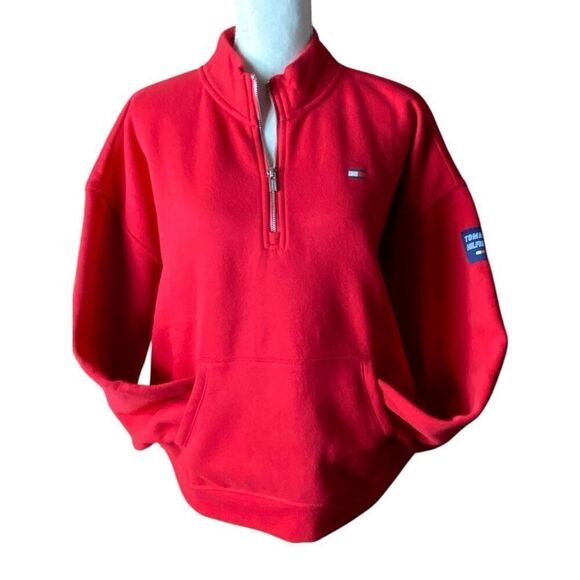Tommy Hilfiger Sport Red 1/4 Zip Preppy Long Sleeve Pullover Sweatshirt - Picture 1 of 4